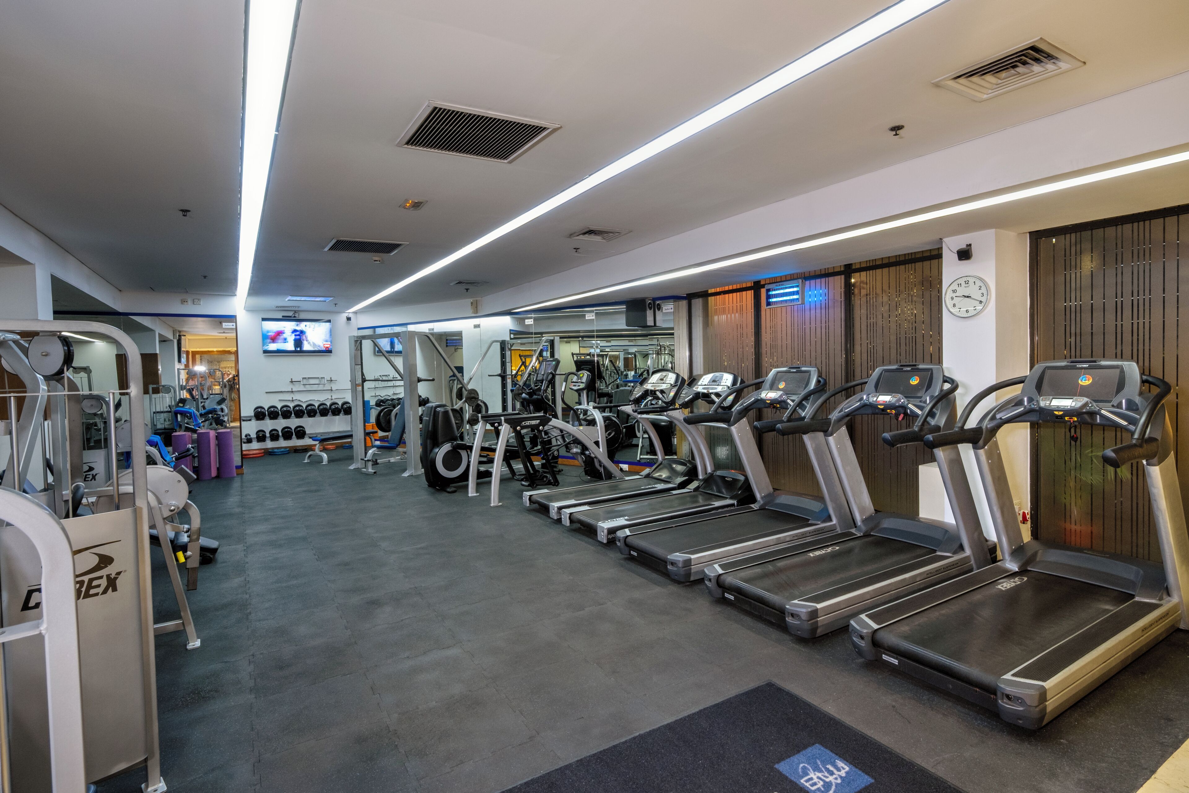 A gym with multiple treadmills, weight machines, and a television screen.