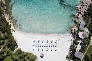 On the beach, sun loungers, beach umbrellas, beach towels