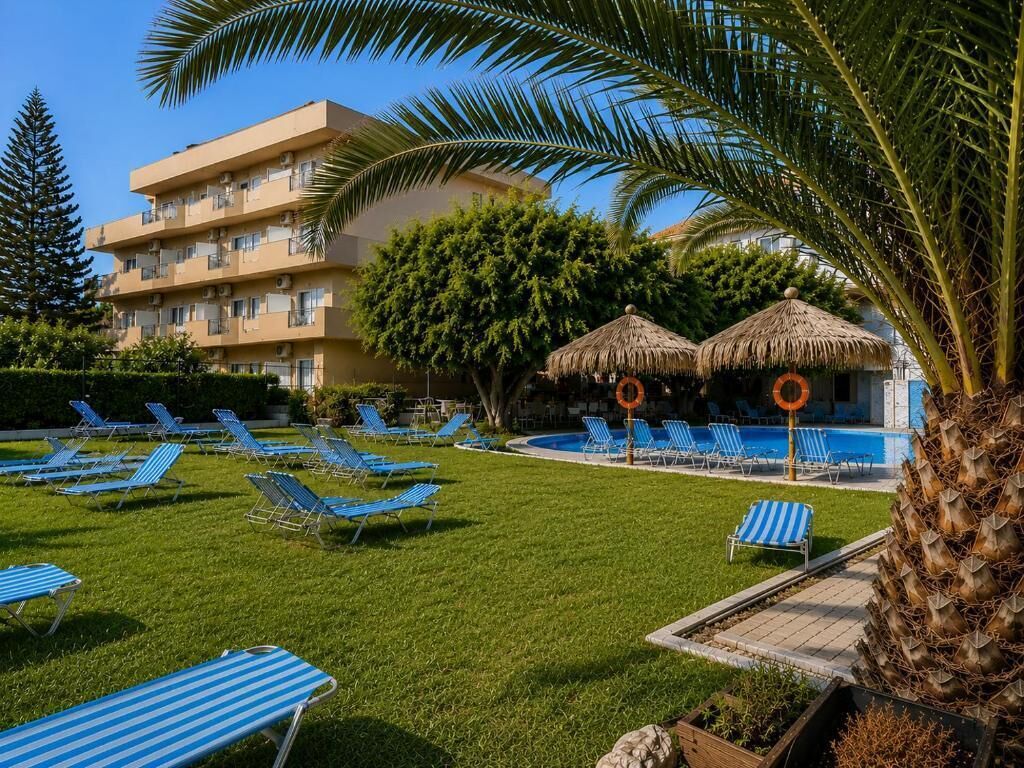 Un área de piscina con sillones de descanso, una pileta y un edificio al fondo.