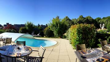 Seasonal outdoor pool, pool umbrellas, pool loungers
