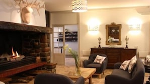 Een gezellige woonkamer met een open haard, twee fauteuils, een salontafel en een boekenkast op de achtergrond.
