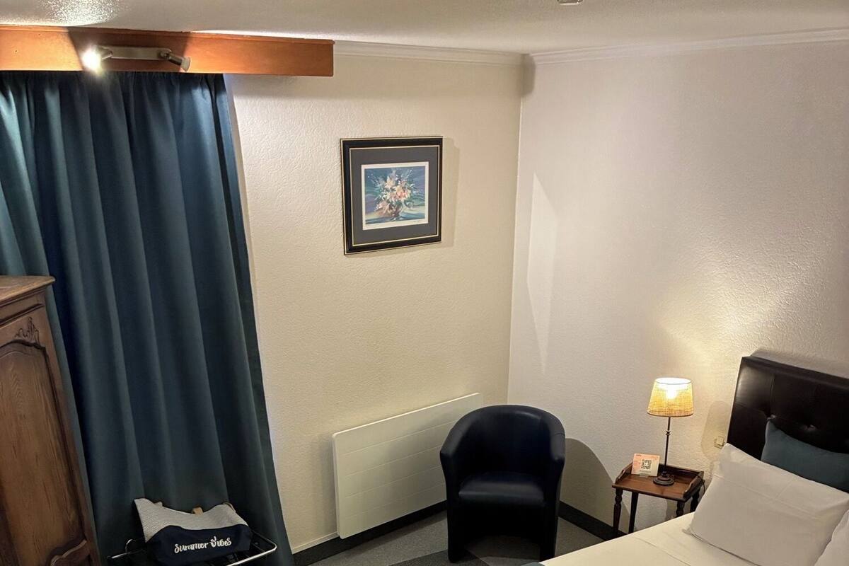 Una habitación de hotel con una cama, una silla, un escritorio, un radiador, una mesita de noche con una lámpara y un cuadro en la pared.