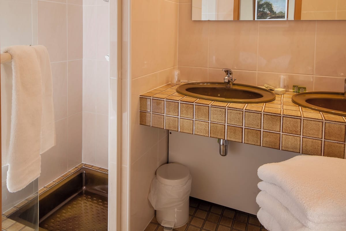 shower, hydromassage showerhead, hair dryer, bathrobes