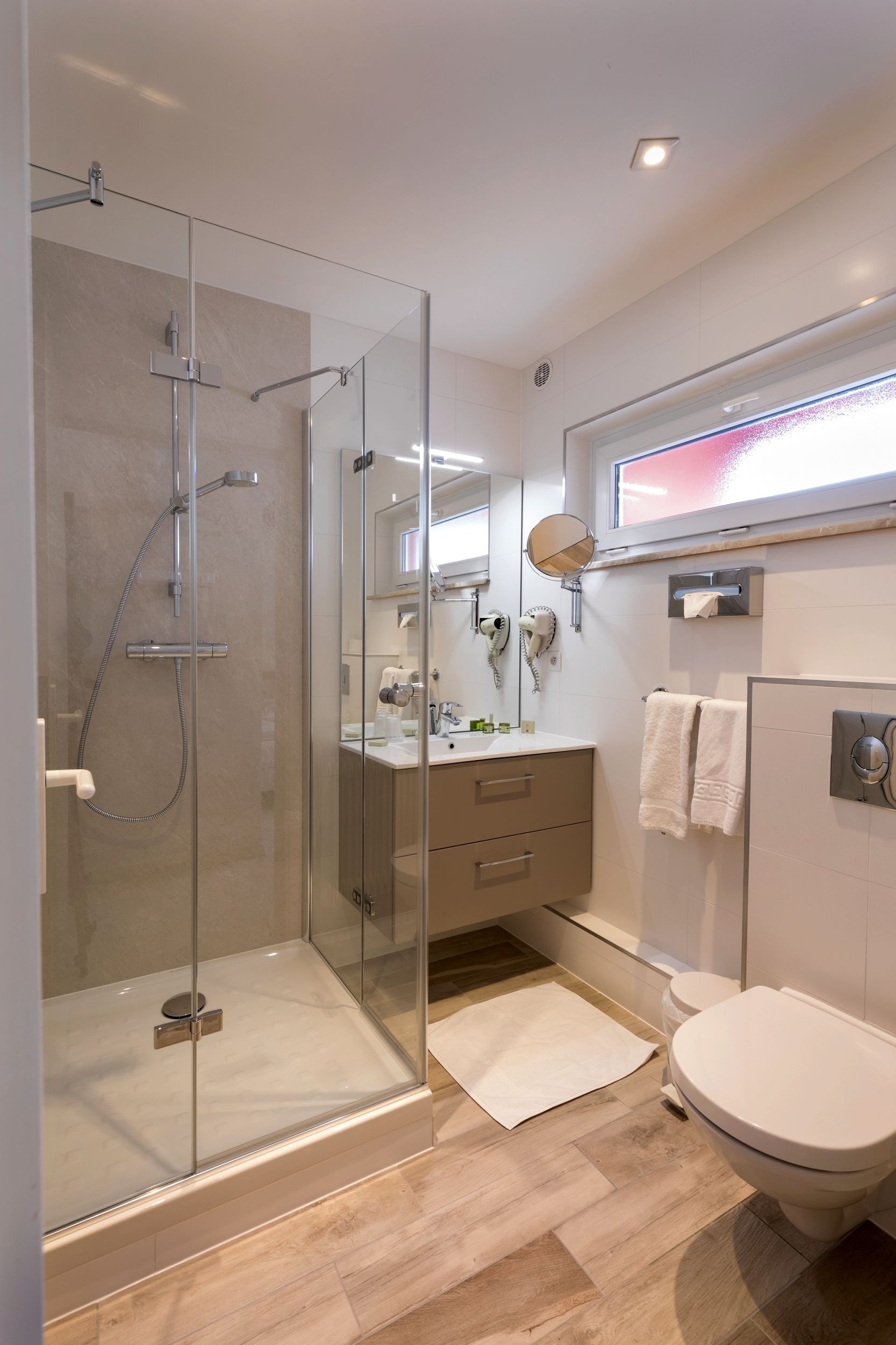 double room | bathroom | shower, hydromassage showerhead, hair dryer, bathrobes