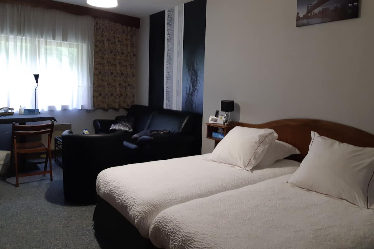 A hotel room with a bed, a desk, a chair, and a couch.