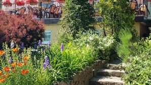 Un hôtel doté d’un restaurant au rez-de-chaussée, avec un escalier en pierre menant à l’entrée.