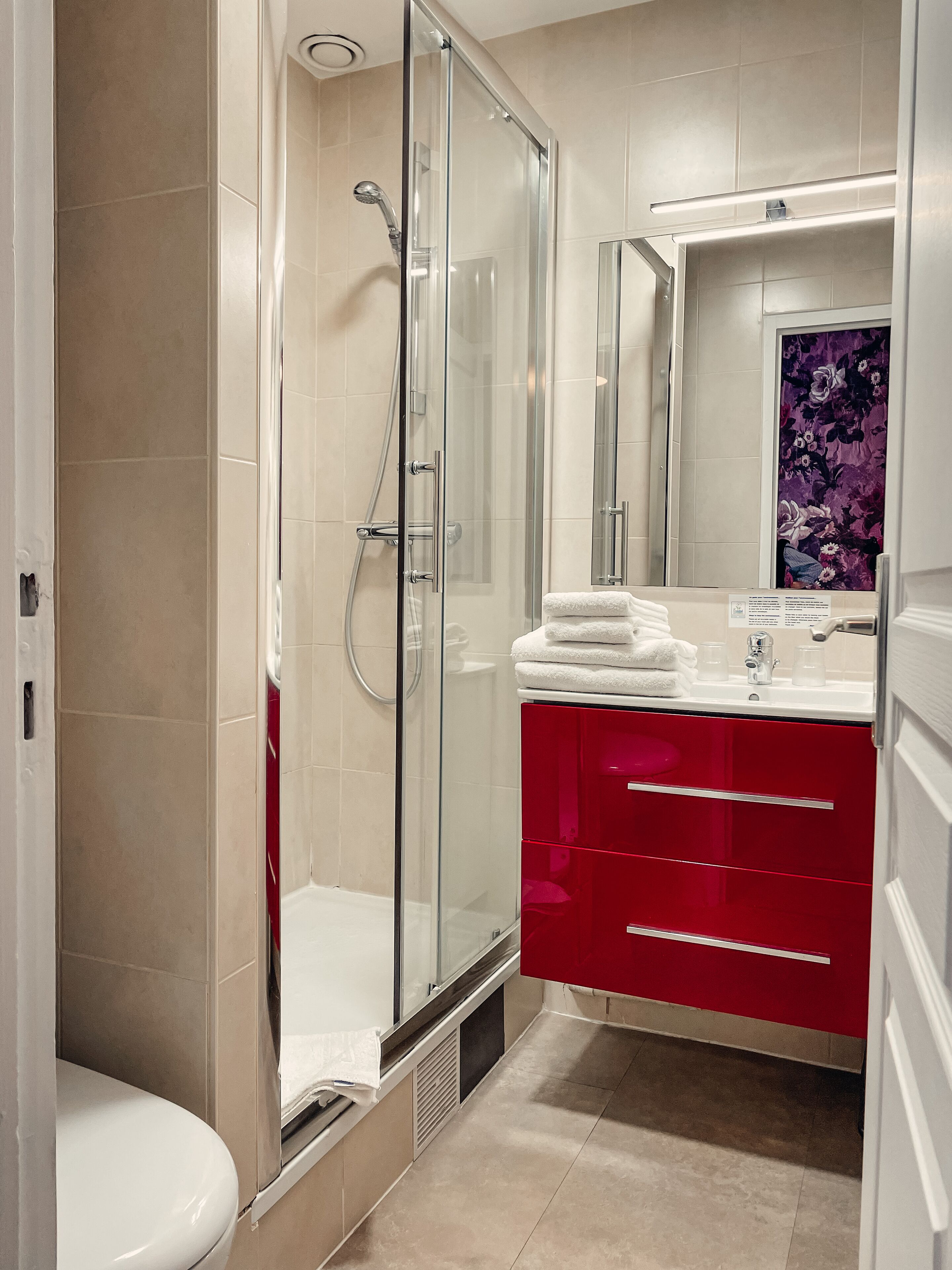 shower, eco-friendly toiletries, hair dryer, towels