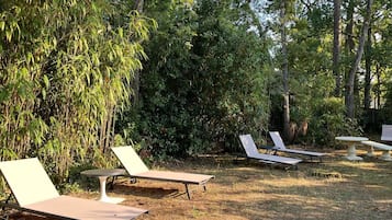 Sillones de exterior dispuestos en un jardín, con abundante follaje y árboles al fondo.