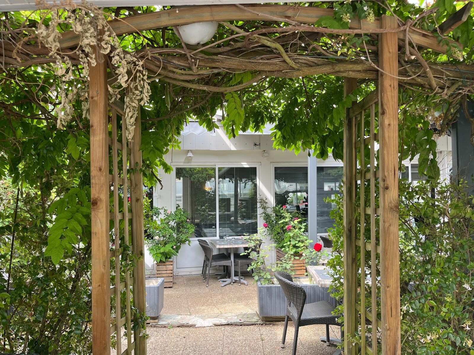 Una pèrgola de fusta amb plantes trepadores, una zona de pati amb taula i cadires, i una vista d'una casa al fons.