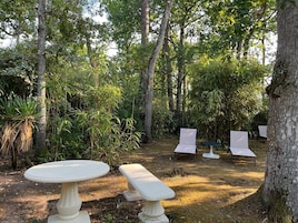 Un jardín con una mesa redonda y un banco, rodeado de árboles y plantas.