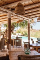 Dinner served, French cuisine, pool views 