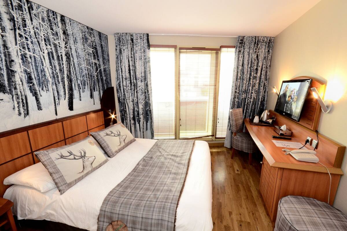 A hotel room with a large bed, a desk with a telephone, and a television.
