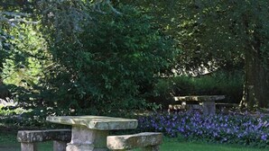 A stone bench in a garden with dense foliage and purple flowers. - Logis Hotel la Résidence (Le Val-d'Ajol)