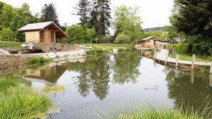 A rustic wooden cabin with a sloped roof, situated beside a calm pond with a wooden dock extending into the water. - Logis Hotel la Résidence (Le Val-d'Ajol)