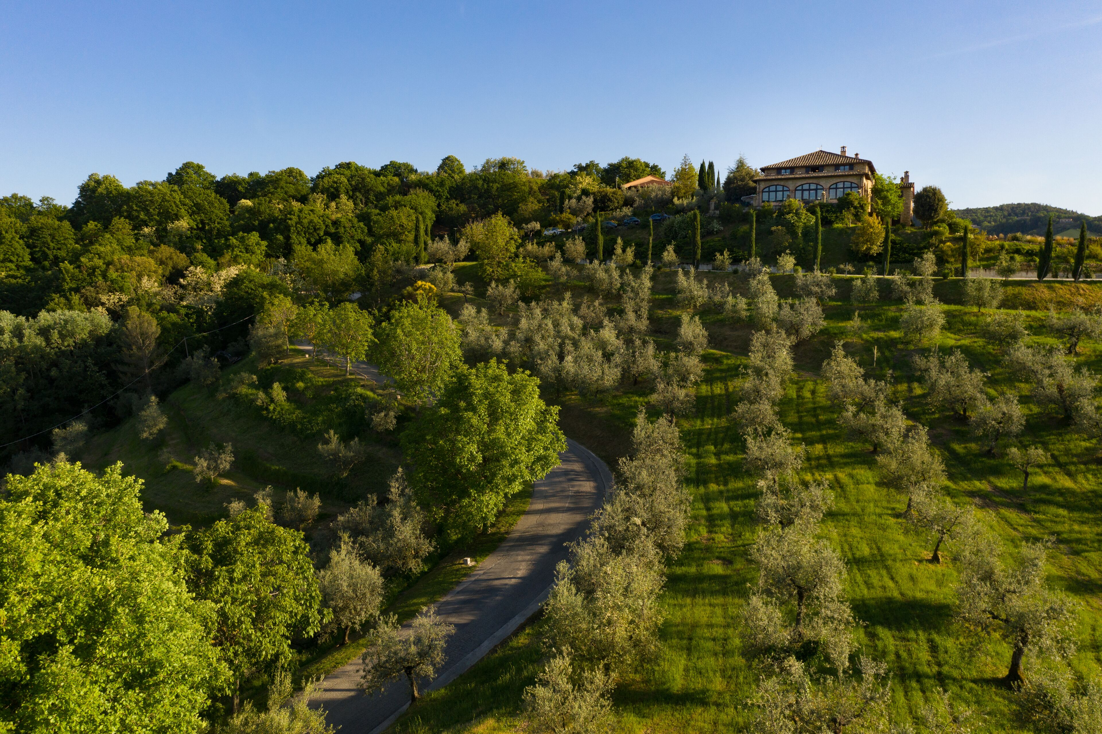 Une grande maison située sur une colline, entourée d’une végétation luxuriante, et accessible par un chemin sinueux.
