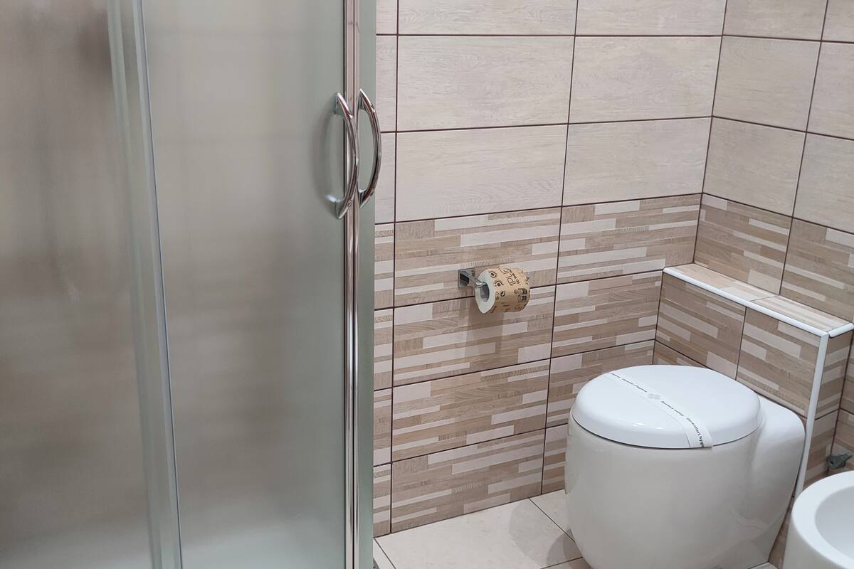 double room | bathroom | shower, hair dryer, slippers, bidet
