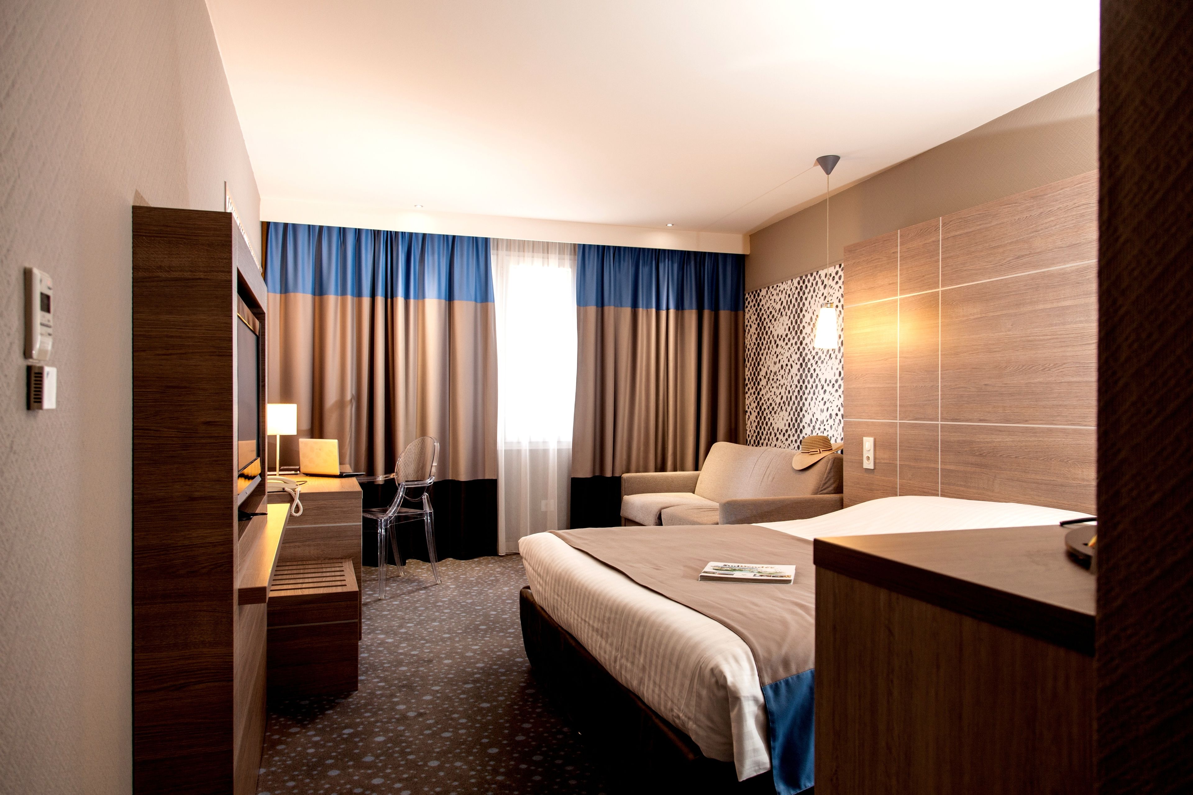 1 bedroom, desk, blackout curtains, iron/ironing board