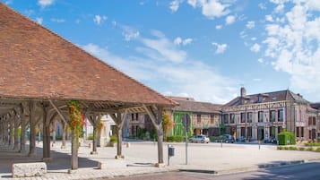 A traditional European town square with a covered pavilion, historic buildings, and a cobblestone street.
