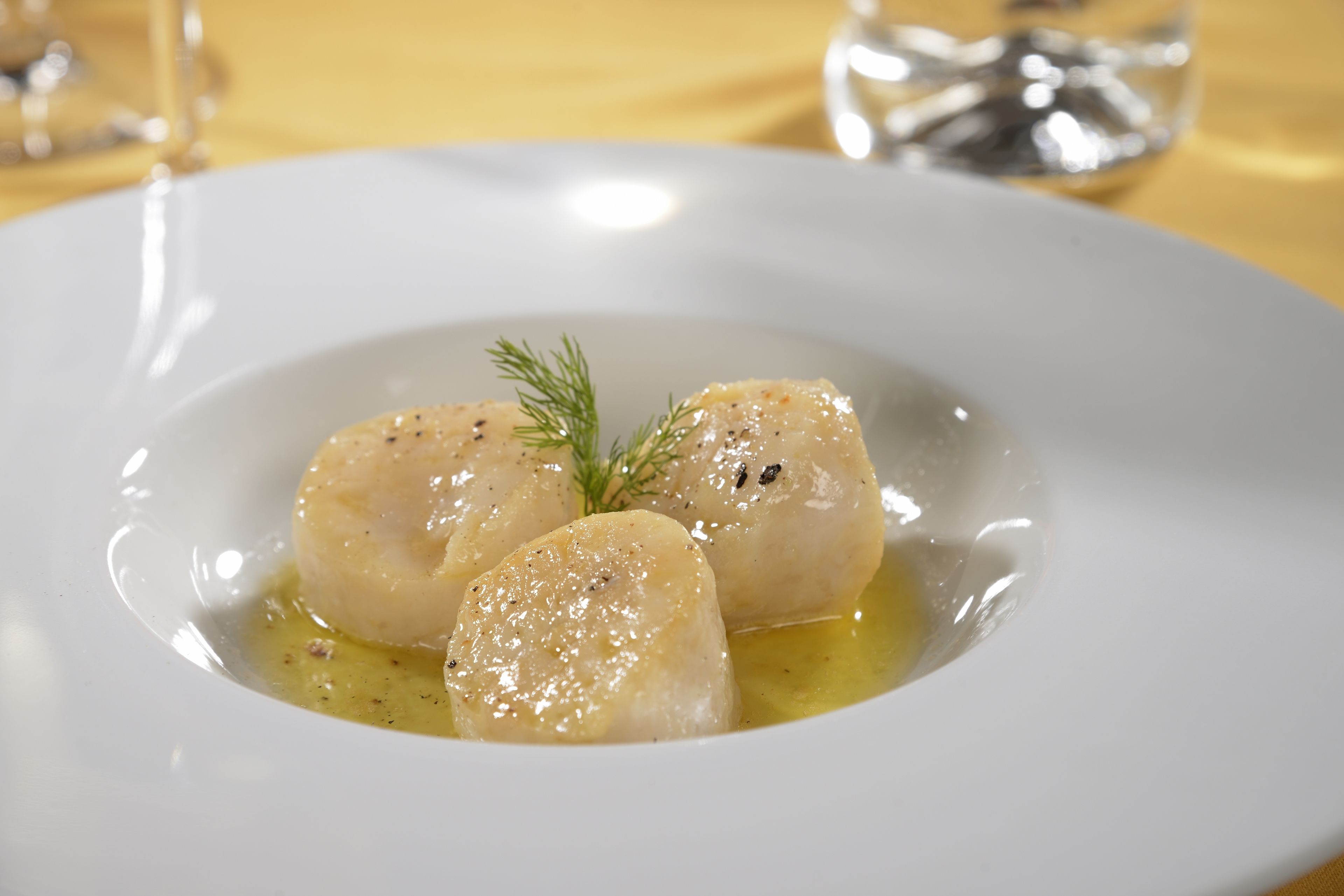 A white plate with three round, pale-colored dumplings garnished with a sprig of dill and a drizzle of oil.
