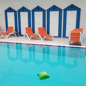 Indoor pool, open 9:00 AM to 9:00 PM, sun loungers