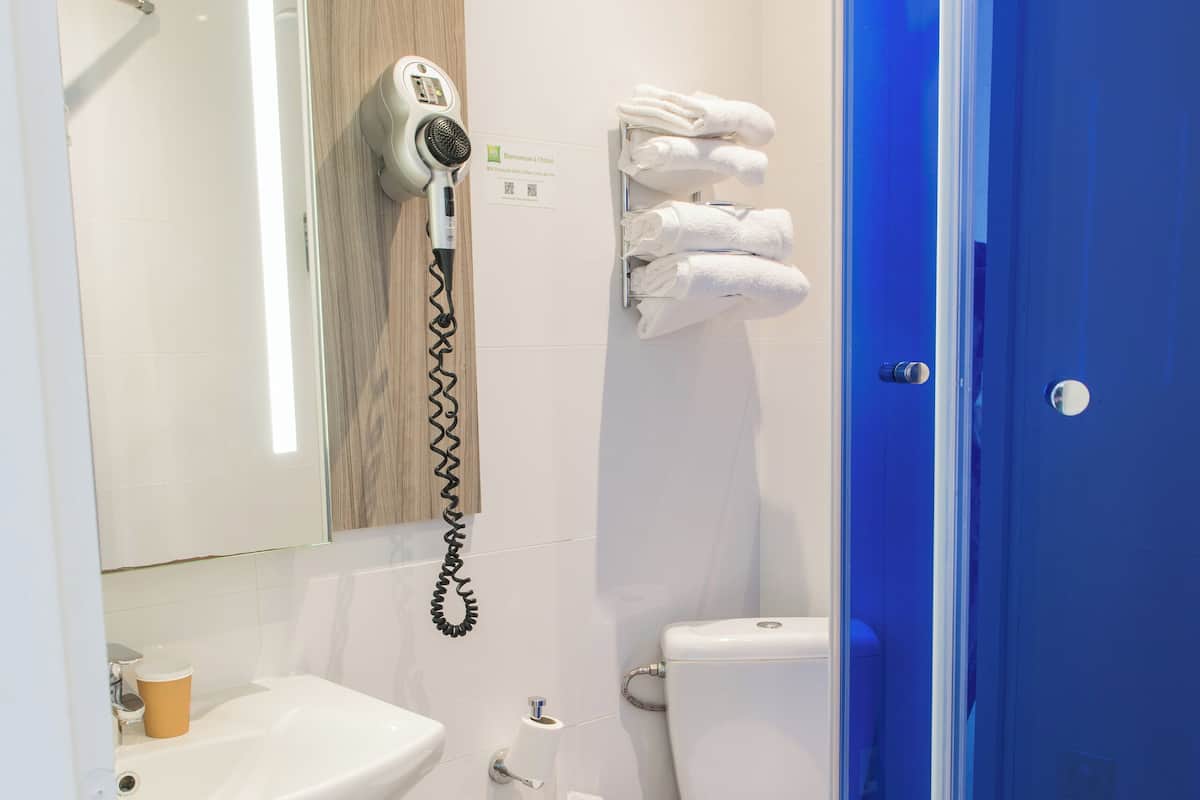 eco-friendly toiletries, hair dryer, towels, soap