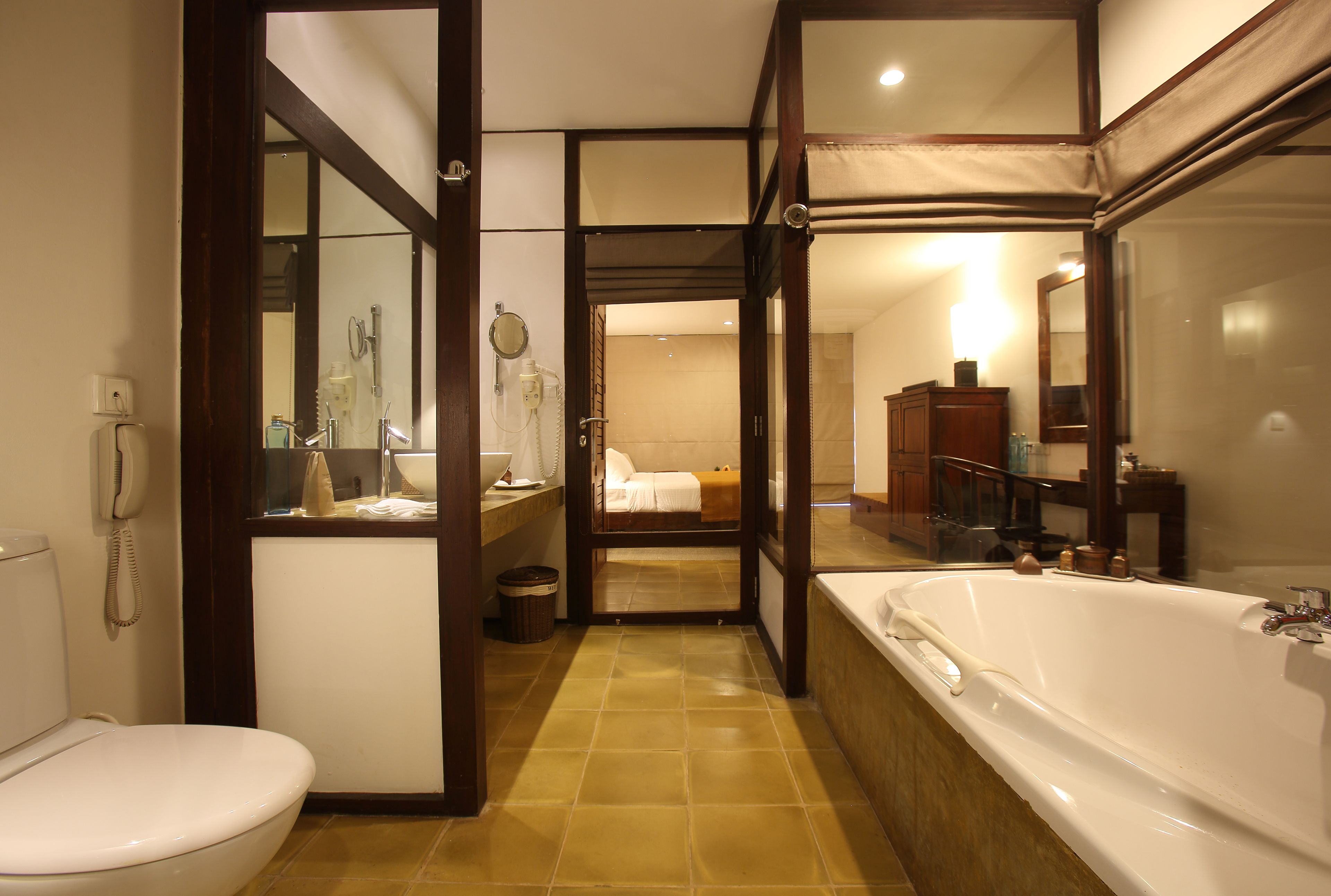 separate bathtub and shower, deep-soaking bathtub, rainfall showerhead