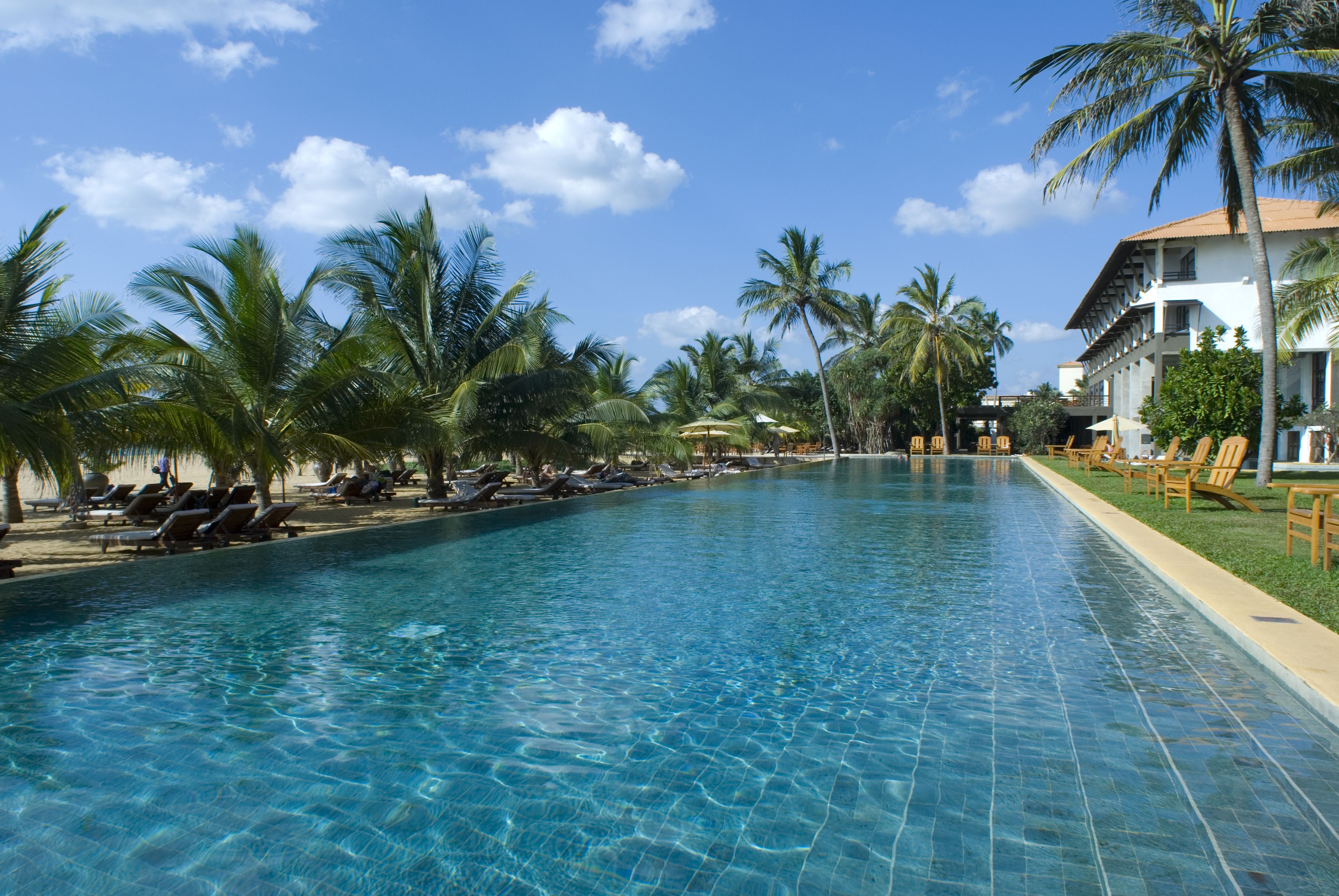 outdoor pool, pool umbrellas, pool loungers