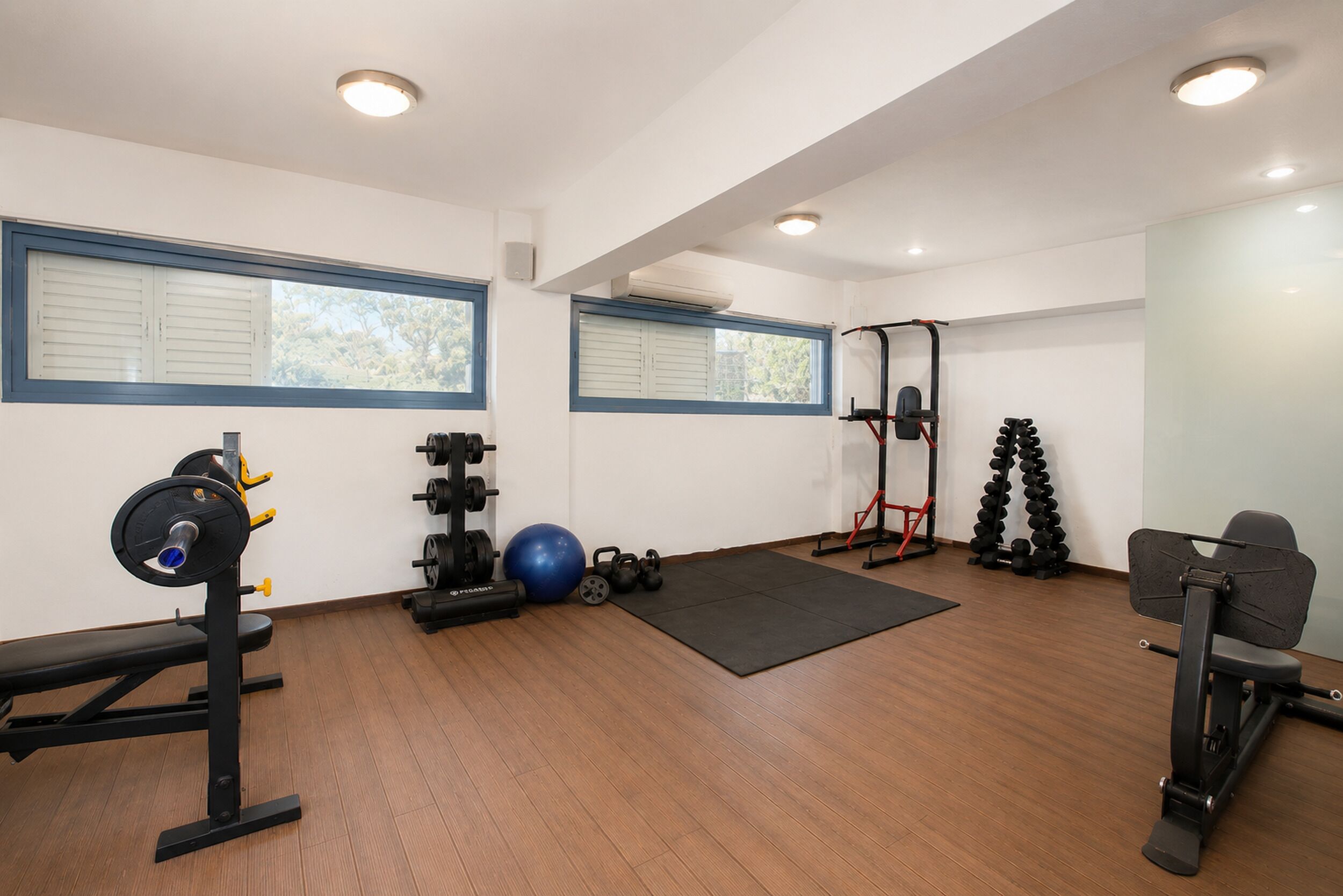 Un gimnasio con una banca, un soporte para pesas, mancuernas, una pelota de ejercicios y pesas rusas.