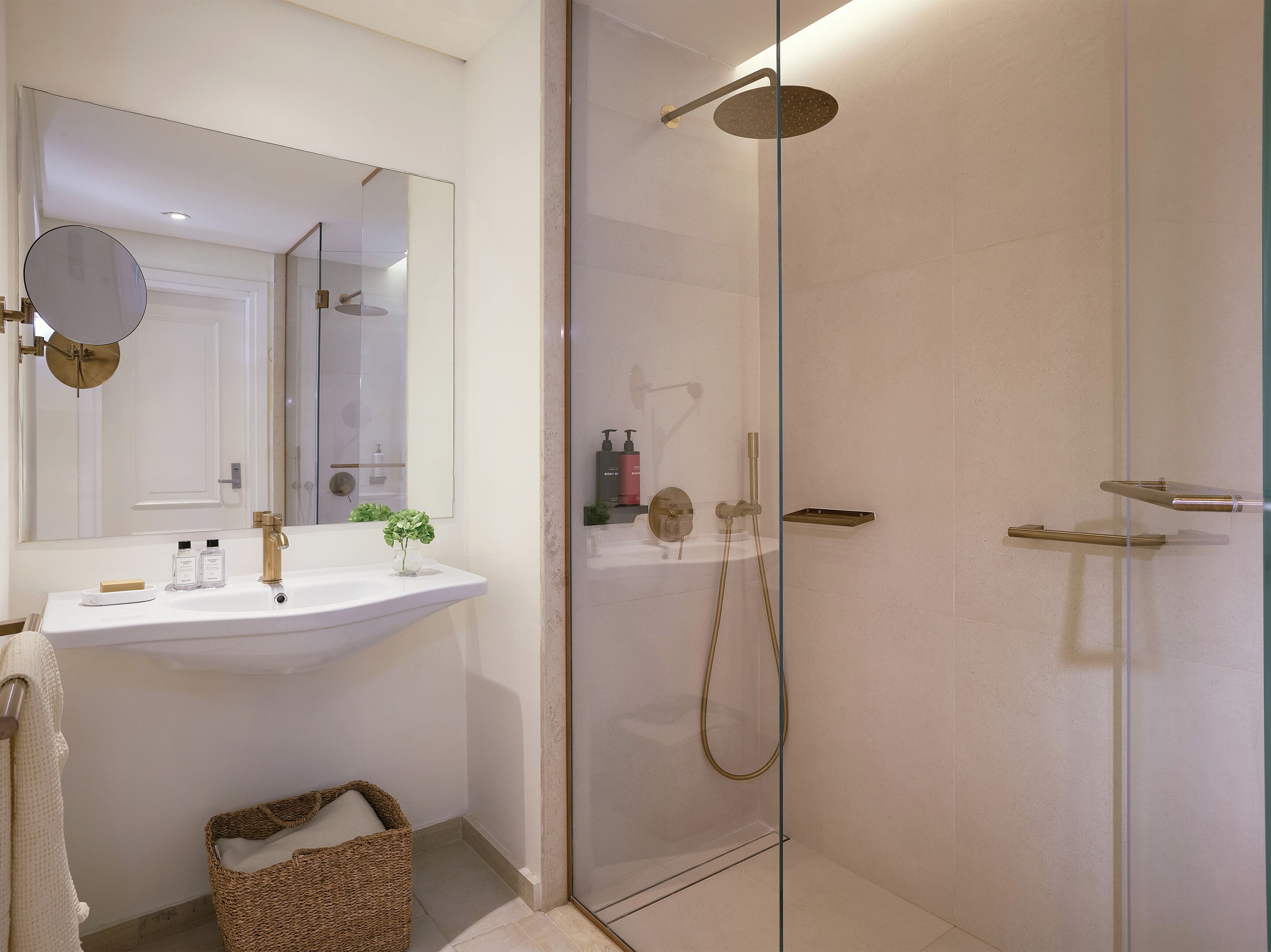 Un baño moderno con cabina de ducha de vidrio, un lavabo blanco con espejo y una pequeña planta en la encimera.
