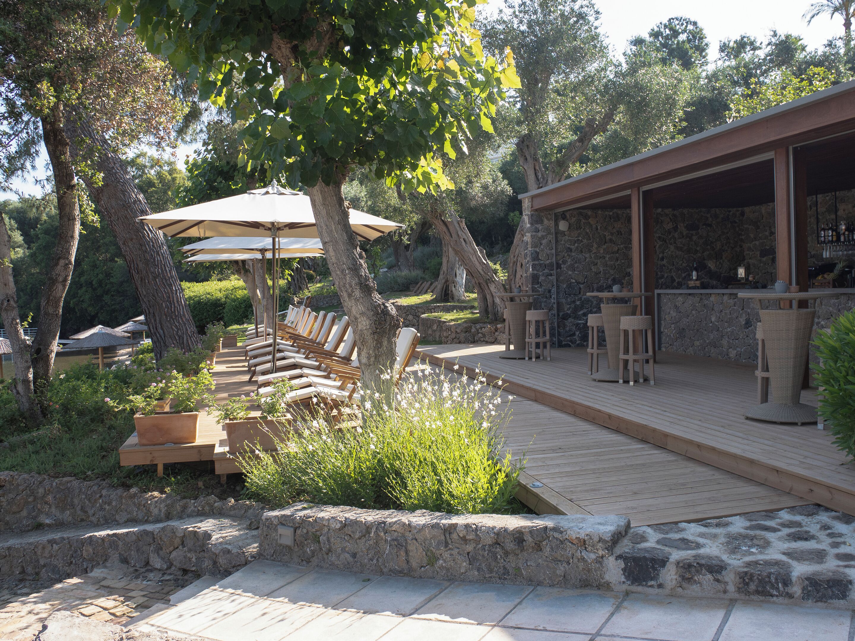 Une terrasse en bois avec des chaises longues et un espace bar abrité.
