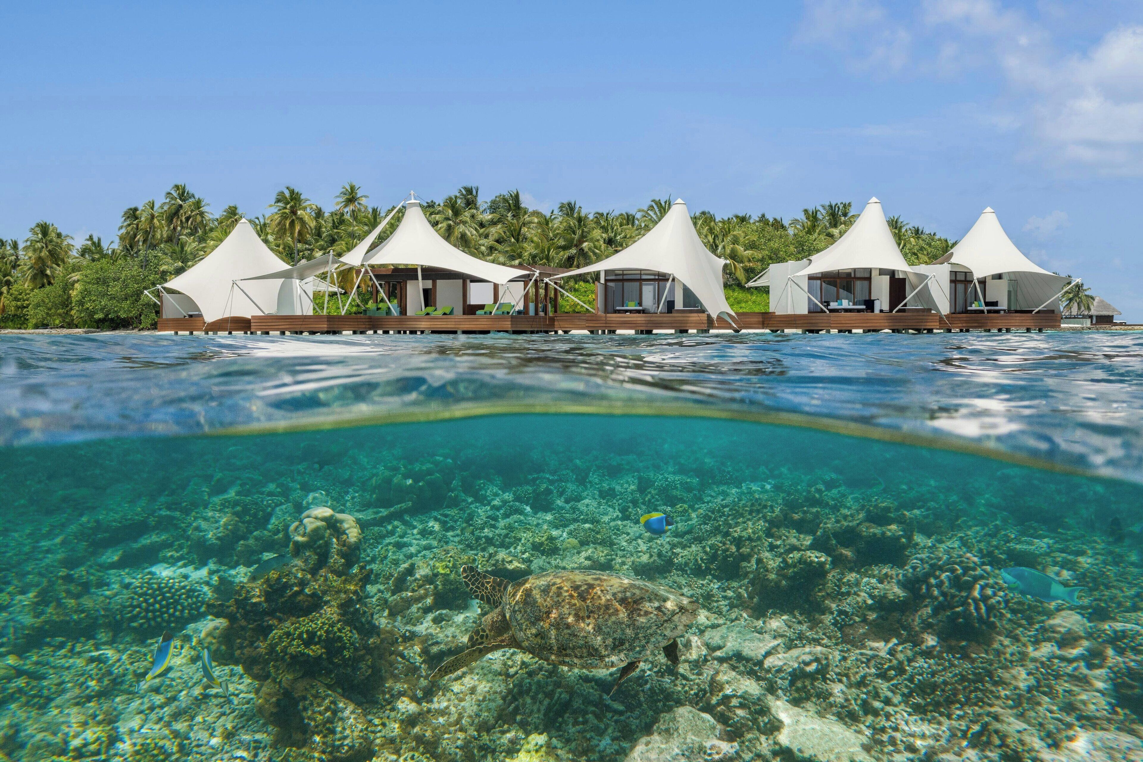 Een resort met bungalows boven het water, verbonden door een houten terras, omgeven door een tropisch landschap en helderblauw water.
