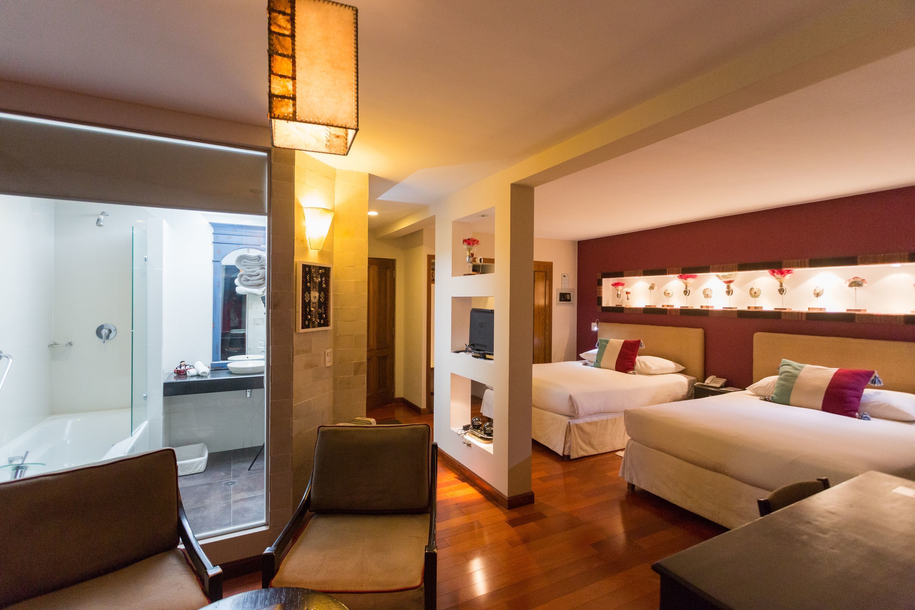 premium double room, 2 queen beds, balcony, lake view | in-room safe, individually decorated, desk, laptop workspace