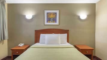 A hotel room with a bed, two nightstands, a telephone, and a framed picture on the wall.