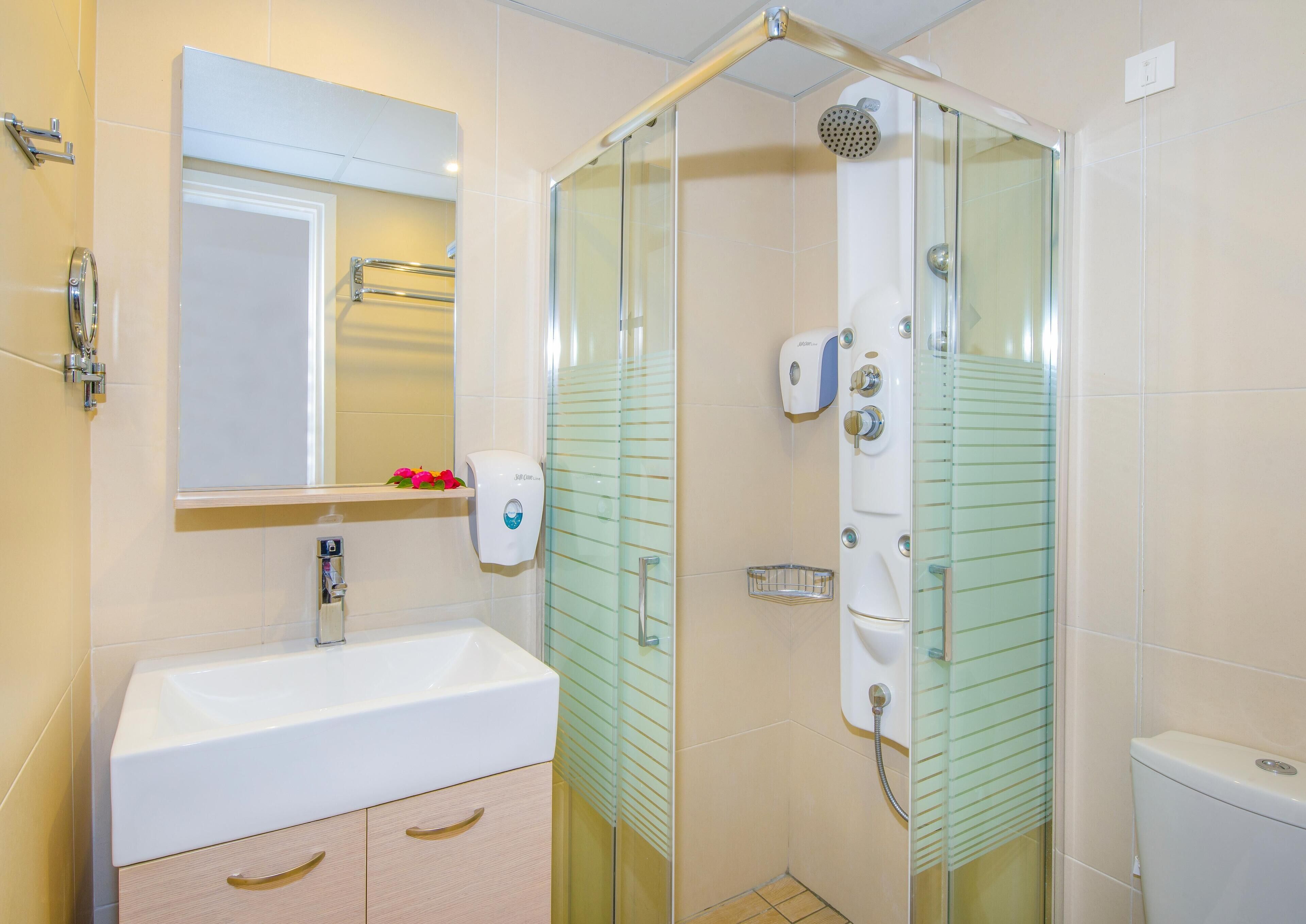 A modern bathroom with a glass-enclosed shower, a white sink, and a mirror above it.