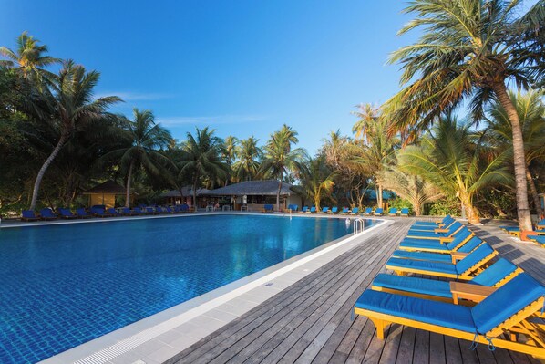 2 outdoor pools, open 6:00 AM to 8:00 PM, pool umbrellas, sun loungers