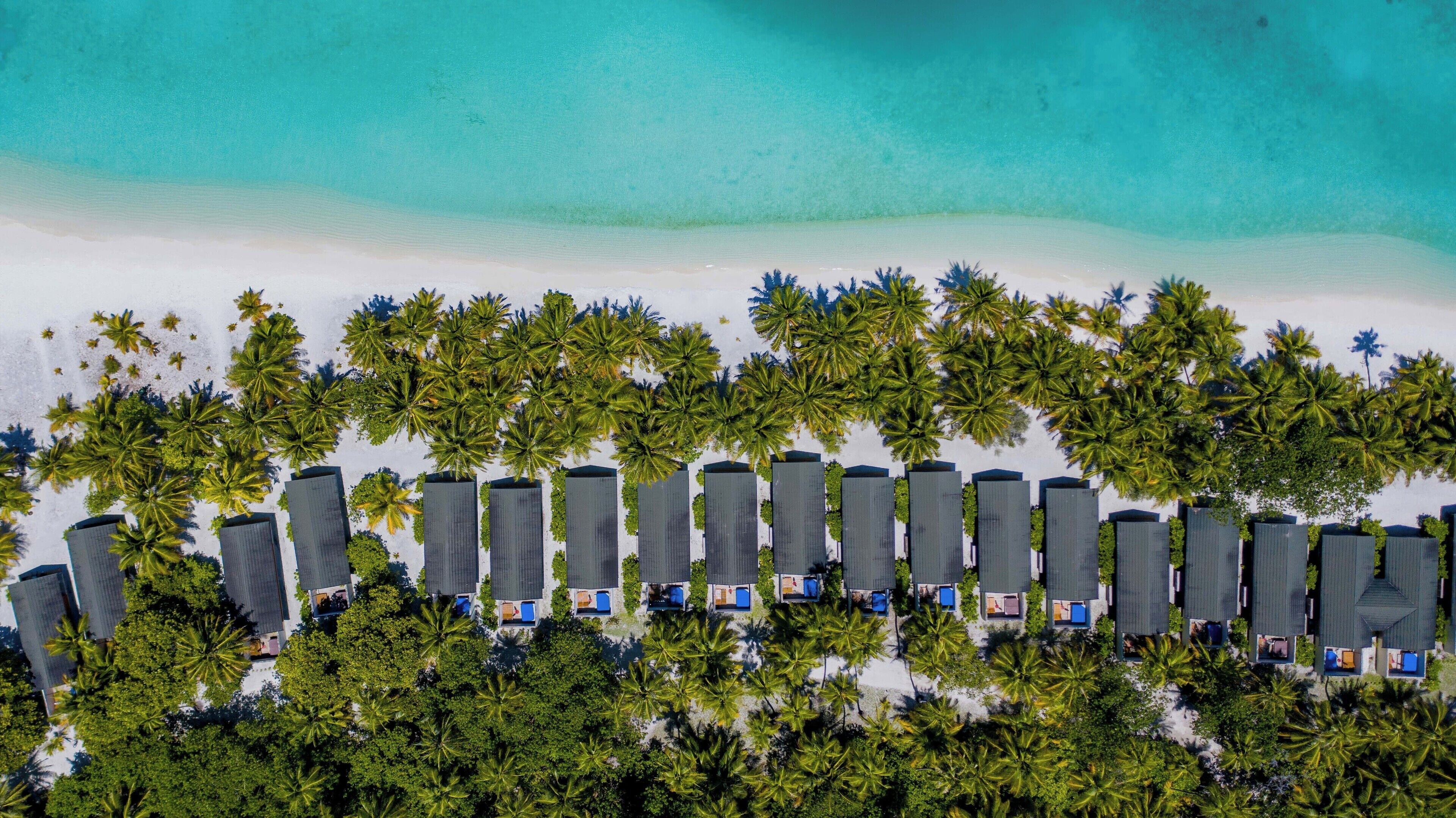 Eine Vogelperspektive zeigt ein Resort mit Reihen von Villen am Strand, einem Sandstrand und einem klaren türkisblauen Meer.