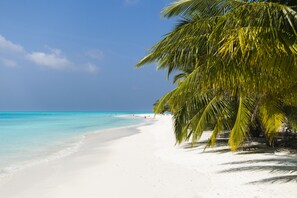 On the beach, white sand, beach towels, scuba diving
