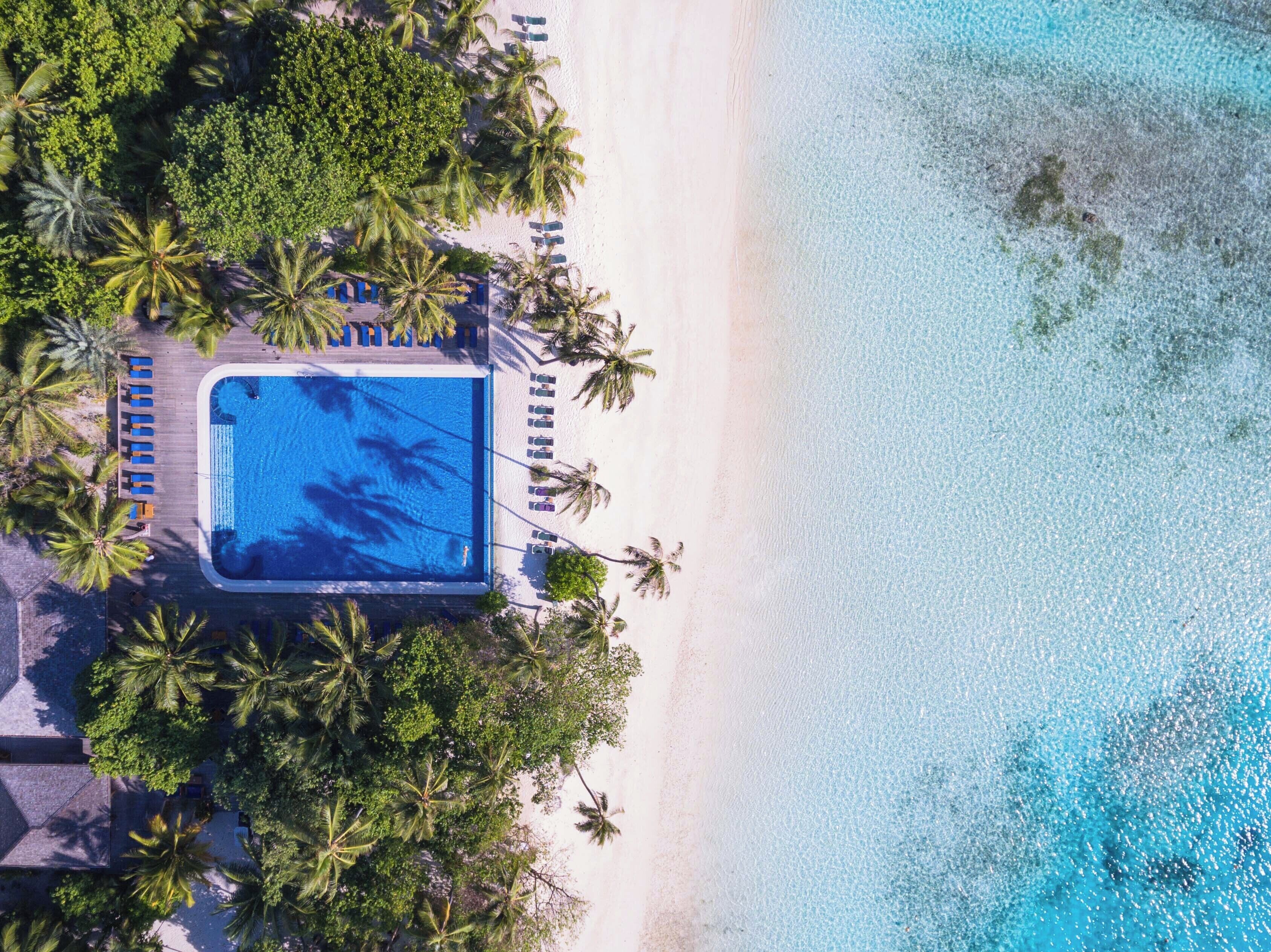 An aerial view of a resort with a swimming pool surrounded by palm trees and beach chairs.
