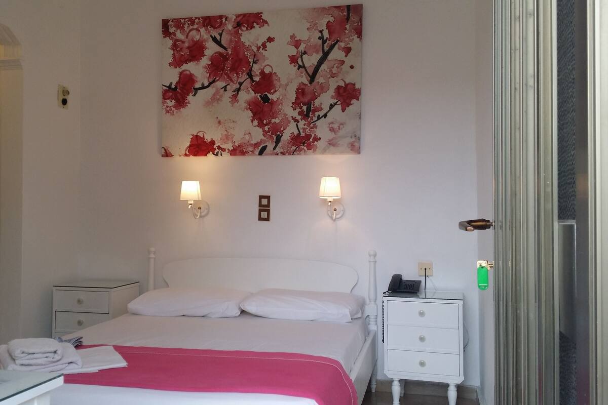 A hotel room with a bed, two bedside tables, a wall-mounted lamp, a telephone, and a painting.