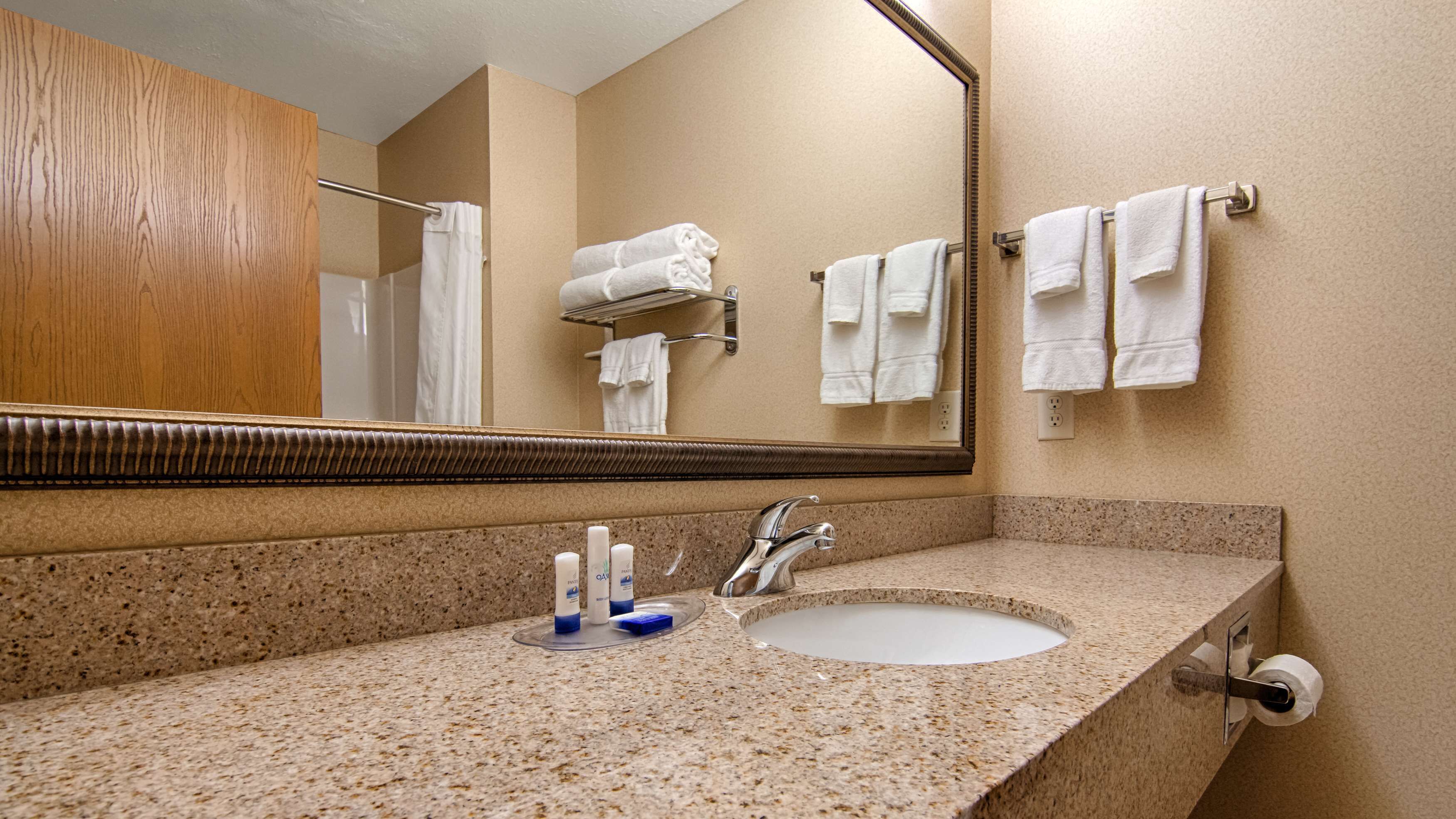 combined shower/bathtub, free toiletries, hair dryer, towels