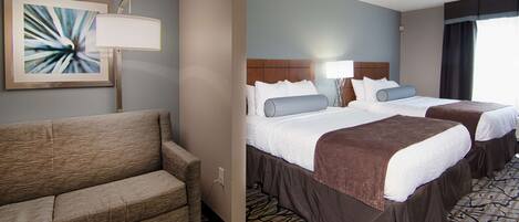 Desk, laptop workspace, blackout drapes, iron/ironing board