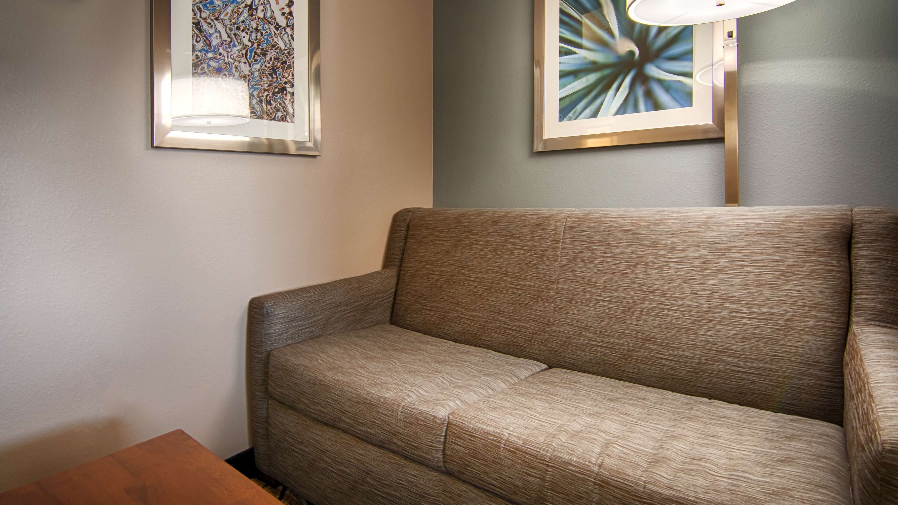 desk, laptop workspace, blackout curtains, iron/ironing board