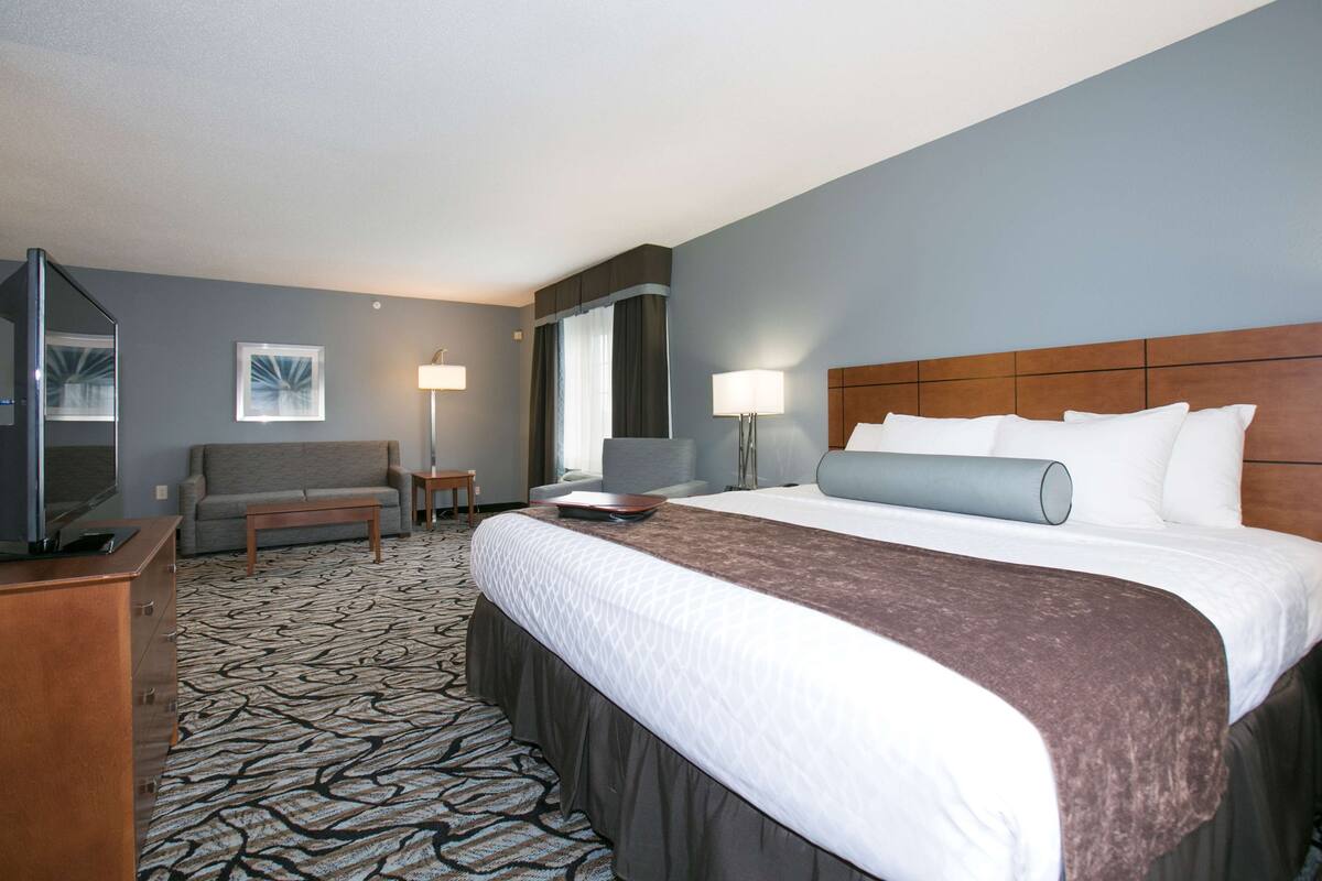 A hotel room with a large bed, a sofa, a desk, and a TV.