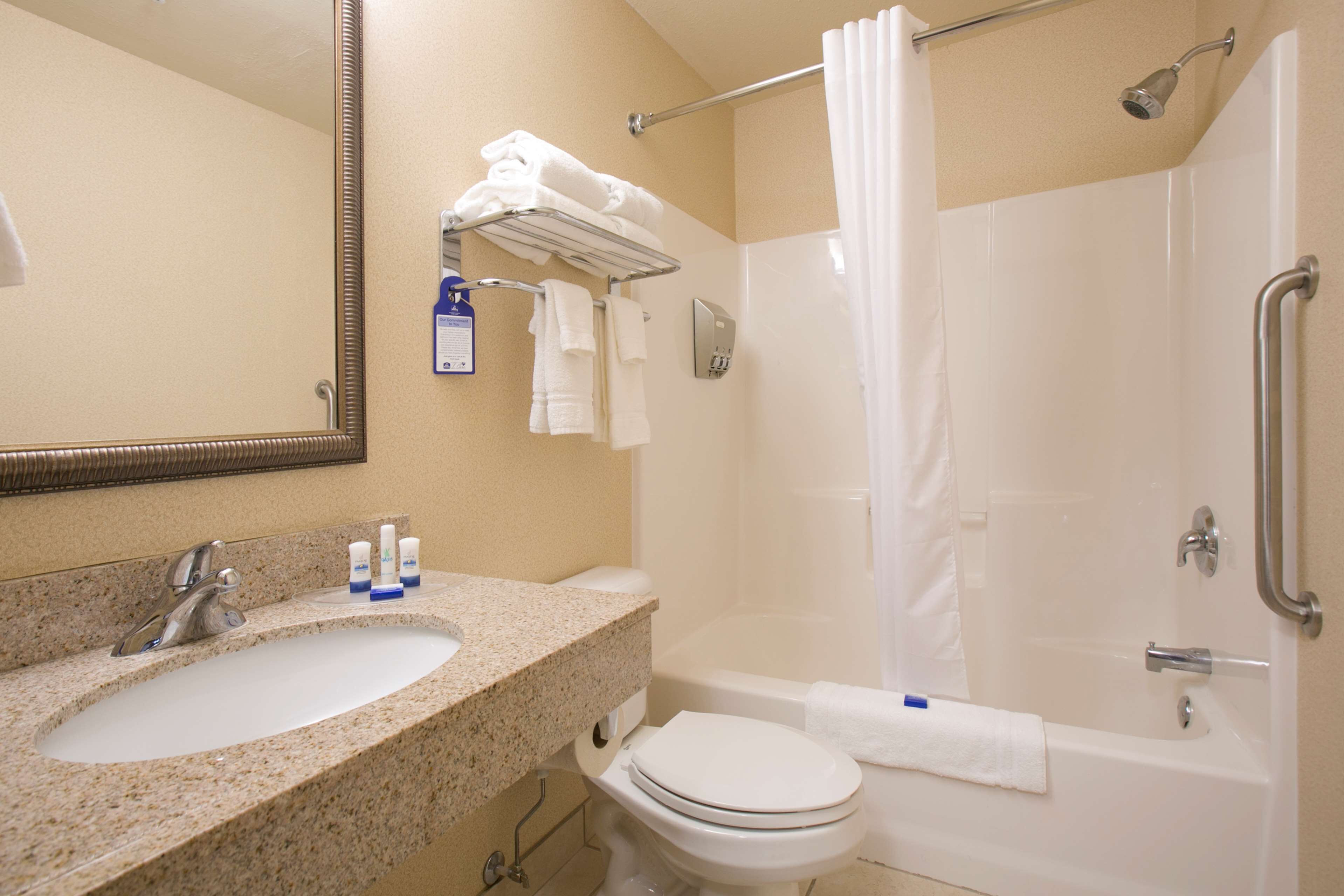 combined shower/bathtub, free toiletries, hair dryer, towels