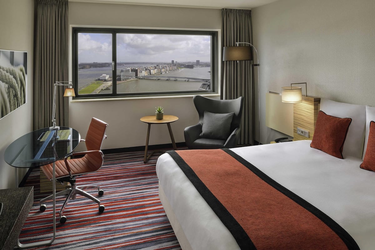 A hotel room with a large bed, a desk, a chair, a small table with a plant, and a view of a cityscape through a window.