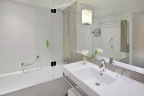 Eco-friendly toiletries, hair dryer, towels, soap