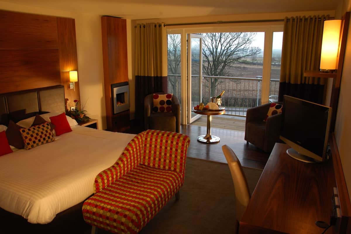 A hotel room with a large bed, a TV, a desk, a chair, a small table with a bottle and fruit, and a balcony with a view.