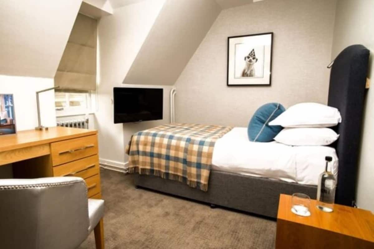 A bedroom with a bed, a desk, a chair, a television, and a framed picture on the wall.