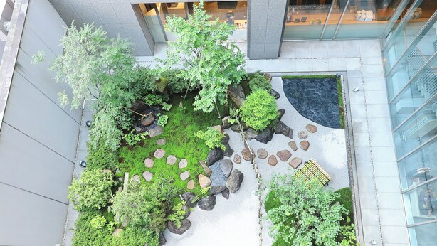 A rooftop garden with various plants, rocks, and a seating area.