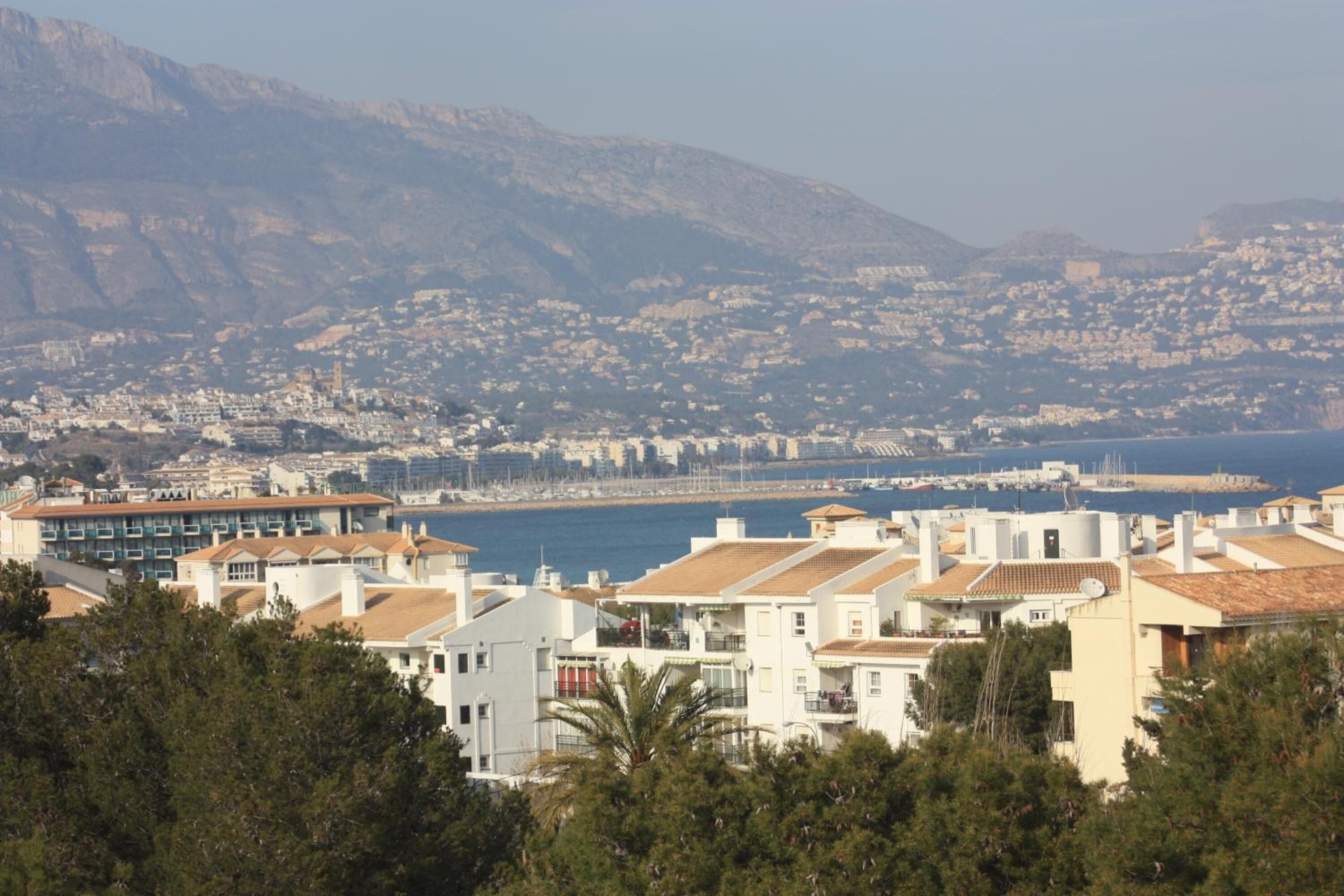 Une ville côtière avec des bâtiments qui bordent le front de mer, une montagne en arrière-plan et une vue dégagée sur la mer.